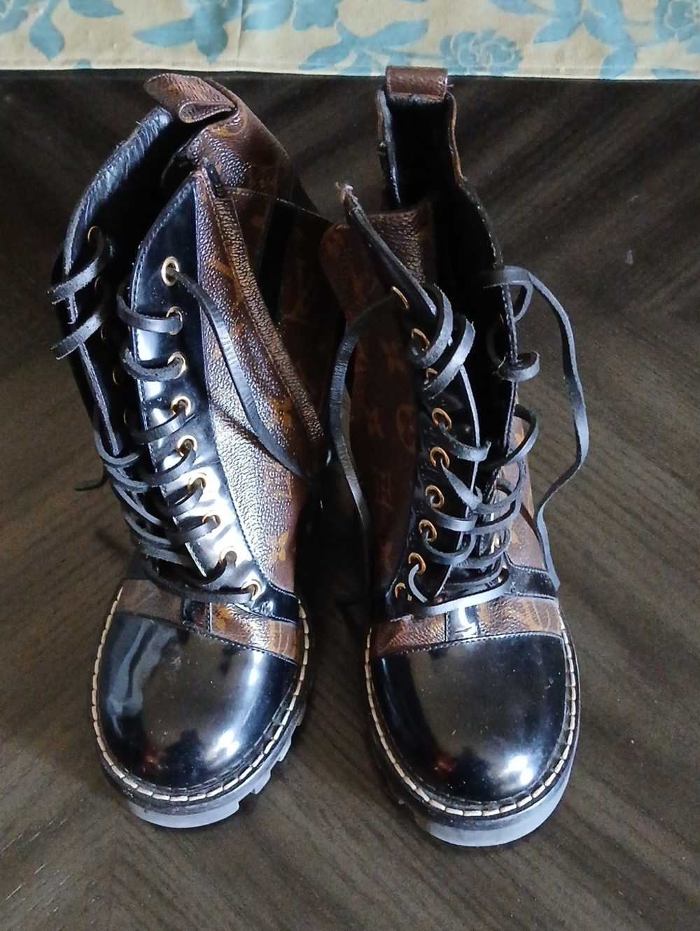 Women's Brown and Black Lace-Up Combat Boots